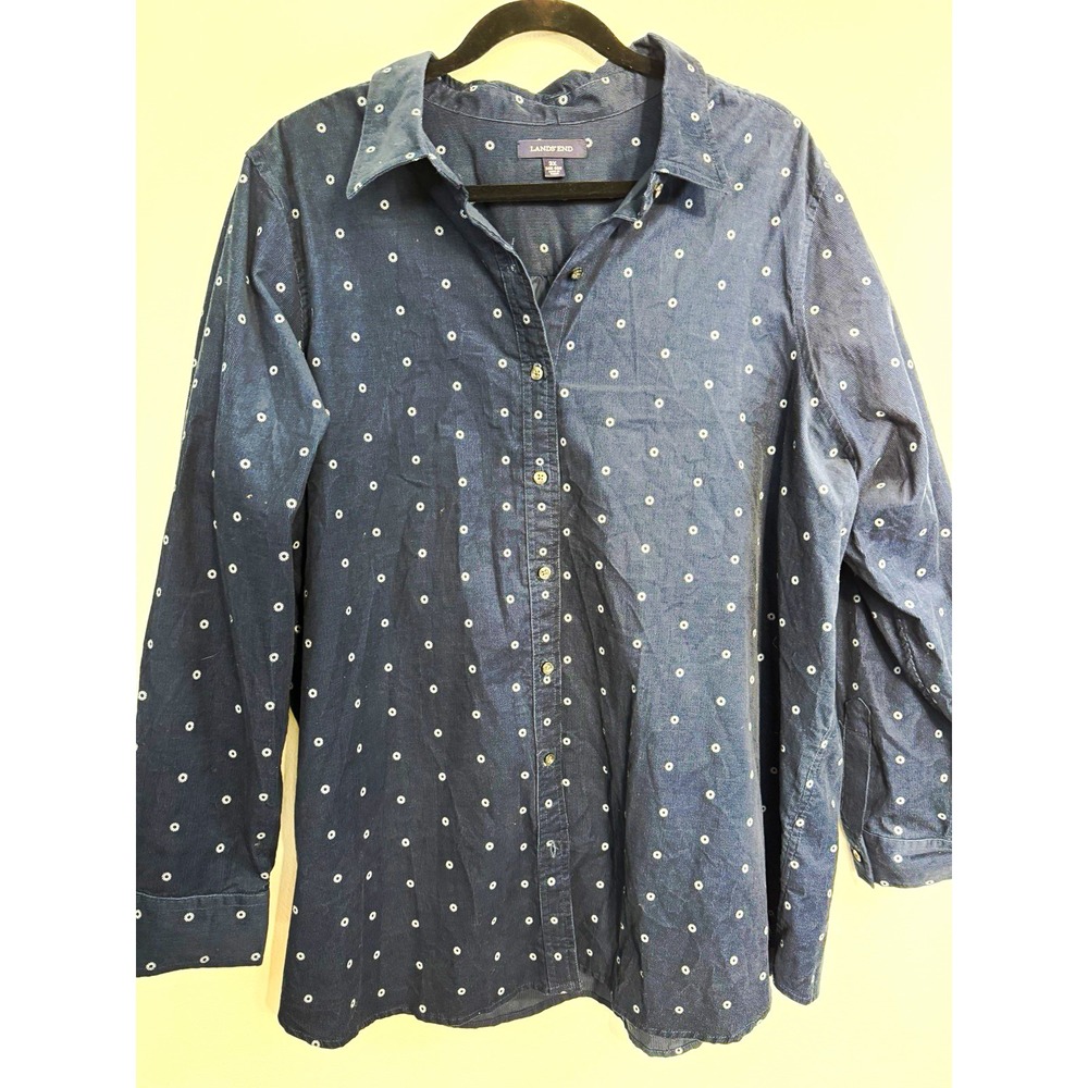 Lands' End unisex Big & Tall Woven Cotton Geometric Blue Button-Up 24W-26W